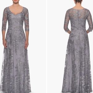NEW La Femme Floral Embroidered Mesh A-Line Gown in Silver Size 8